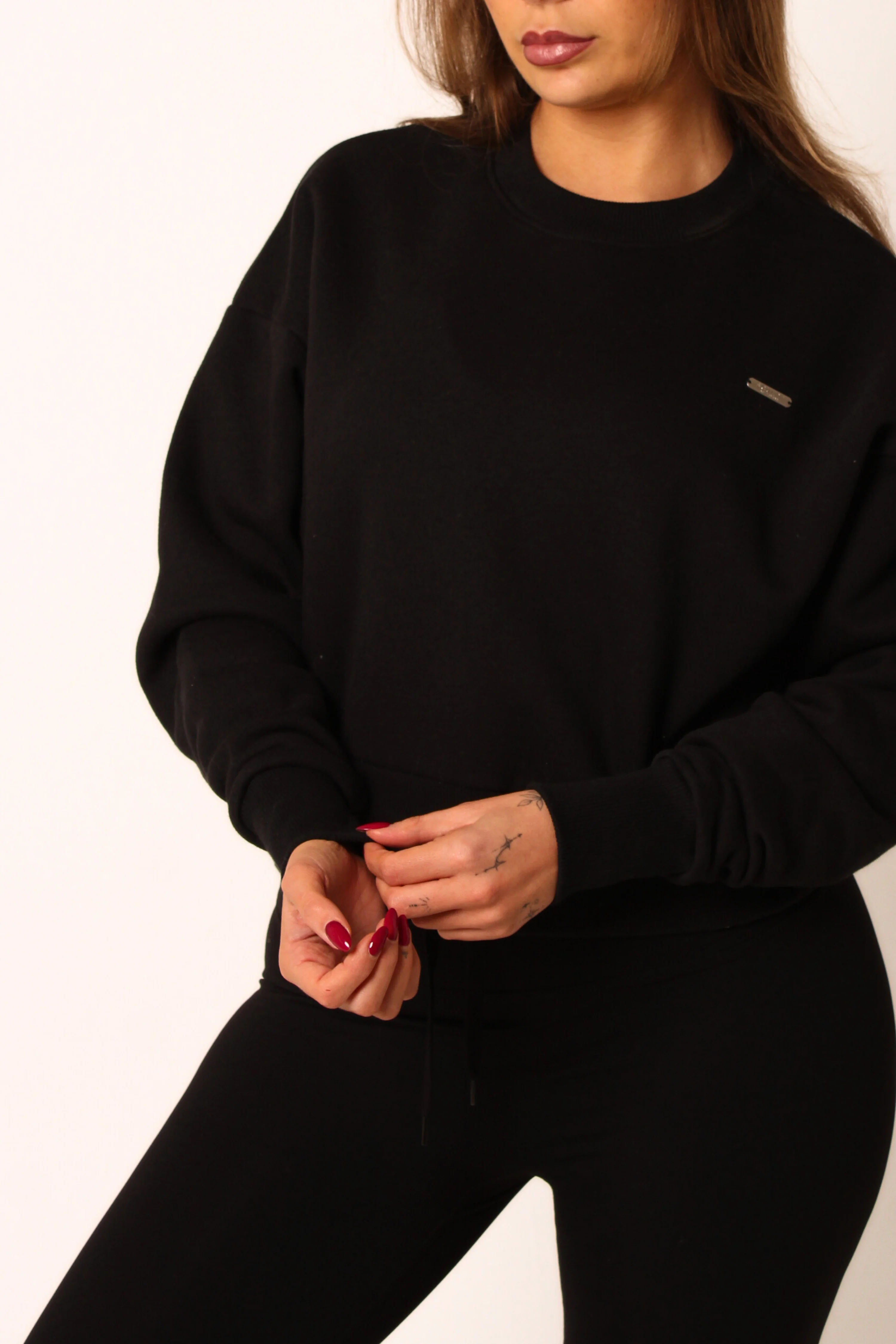 Crew Neck Fleeced Oversized Cropped Jumper Black - Image 4