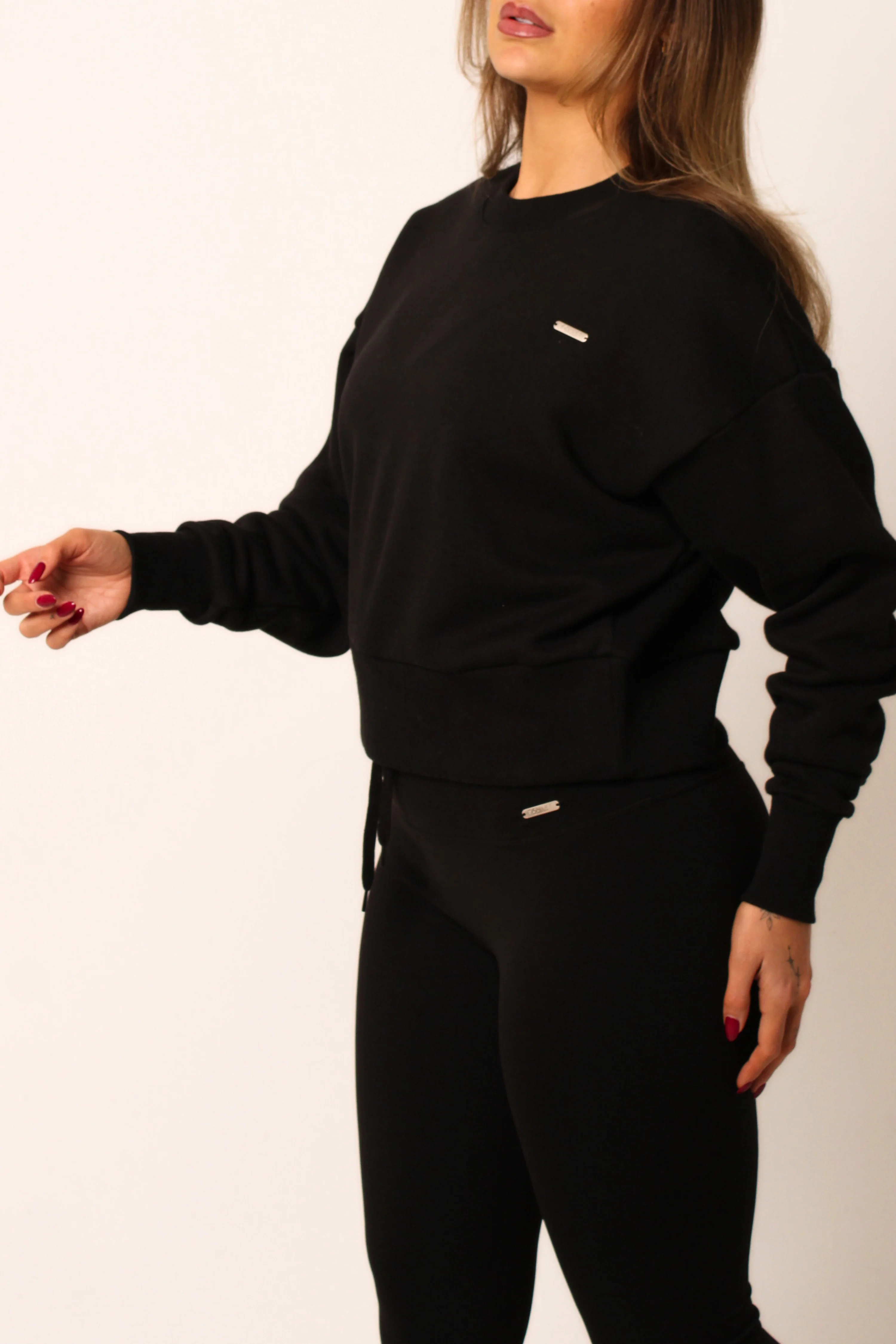 Crew Neck Fleeced Oversized Cropped Jumper Black - Image 5