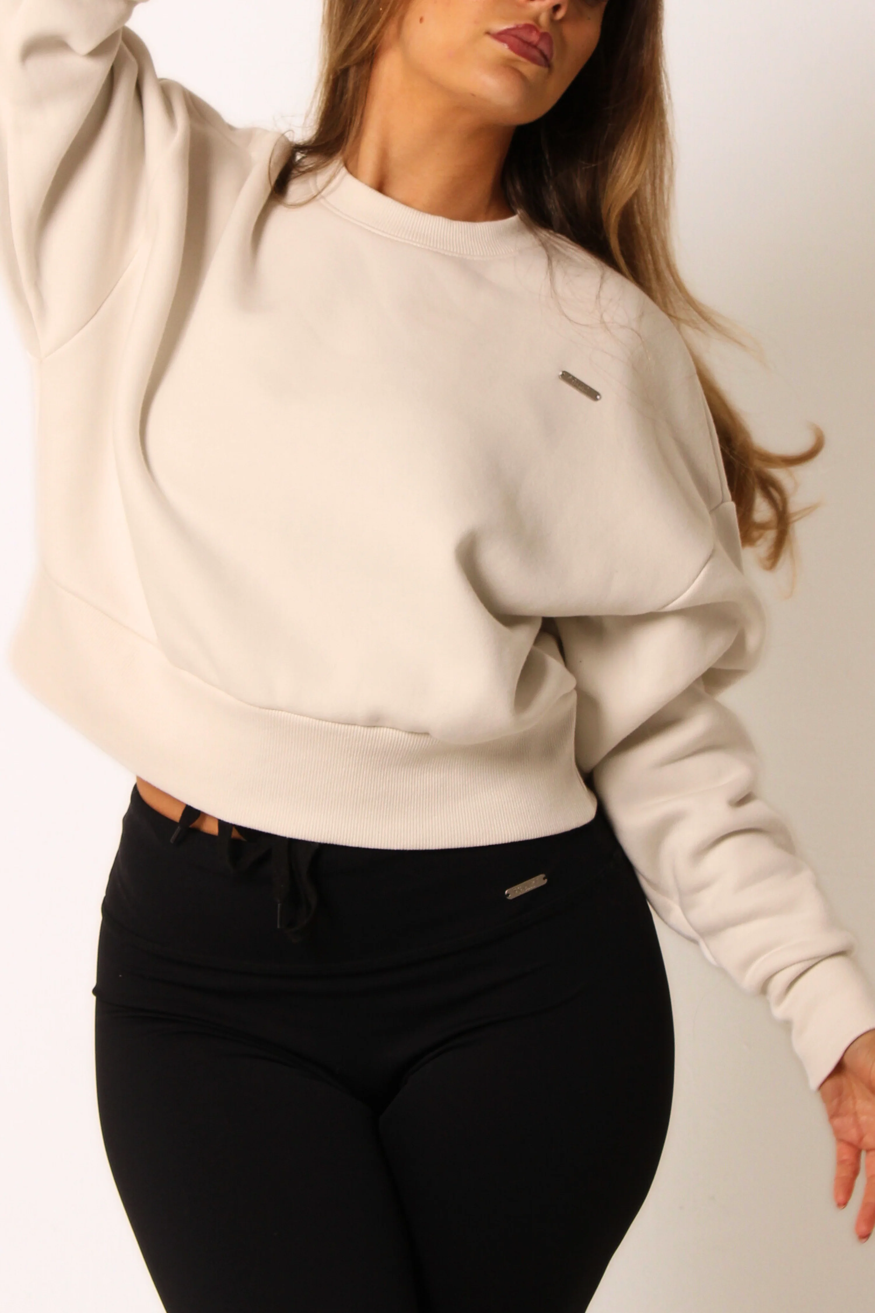 Crew Neck Fleeced Oversized Cropped Jumper Cream - Image 2
