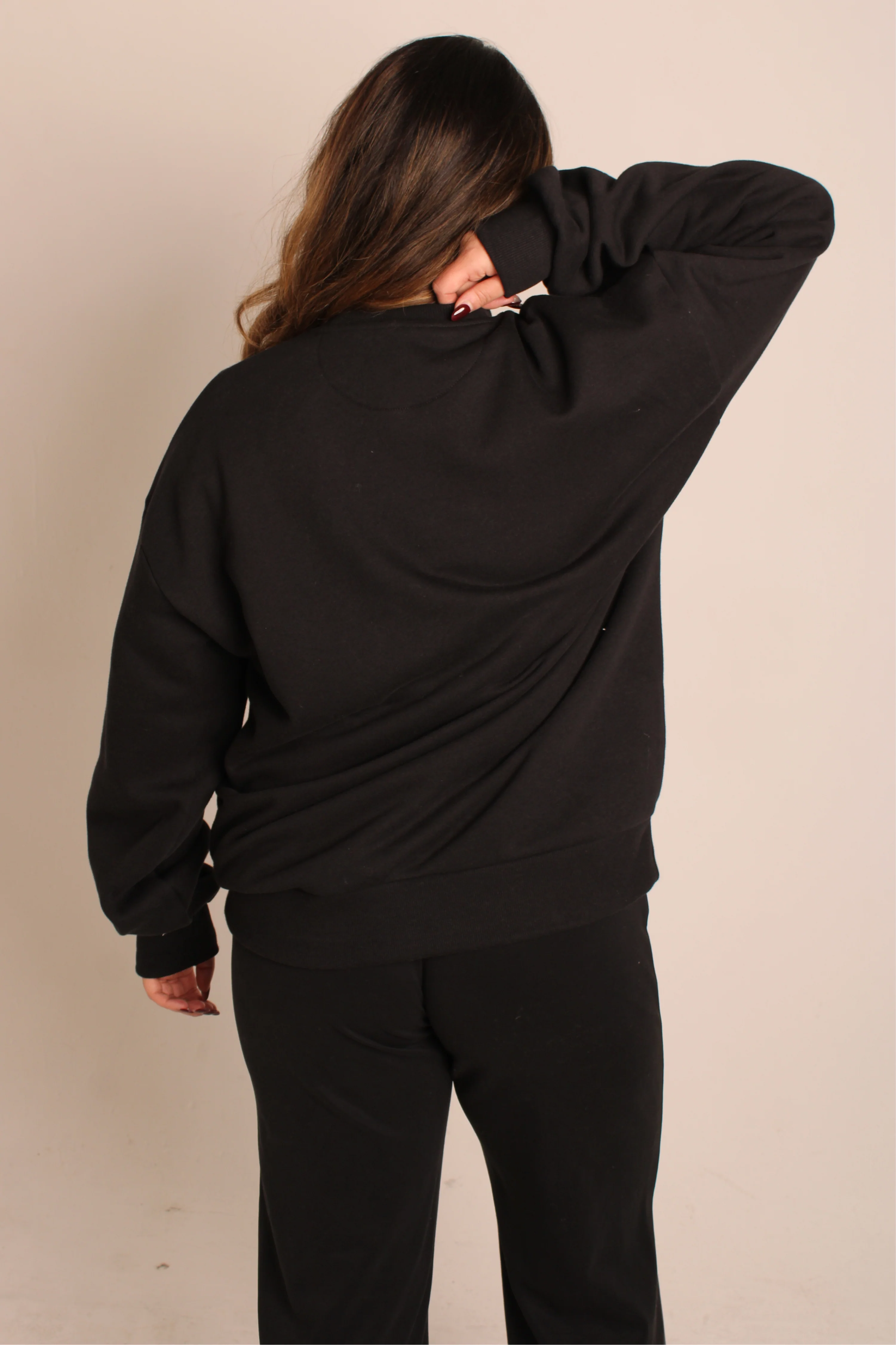 Crew Neck Fleeced Oversized Jumper Black - Image 3