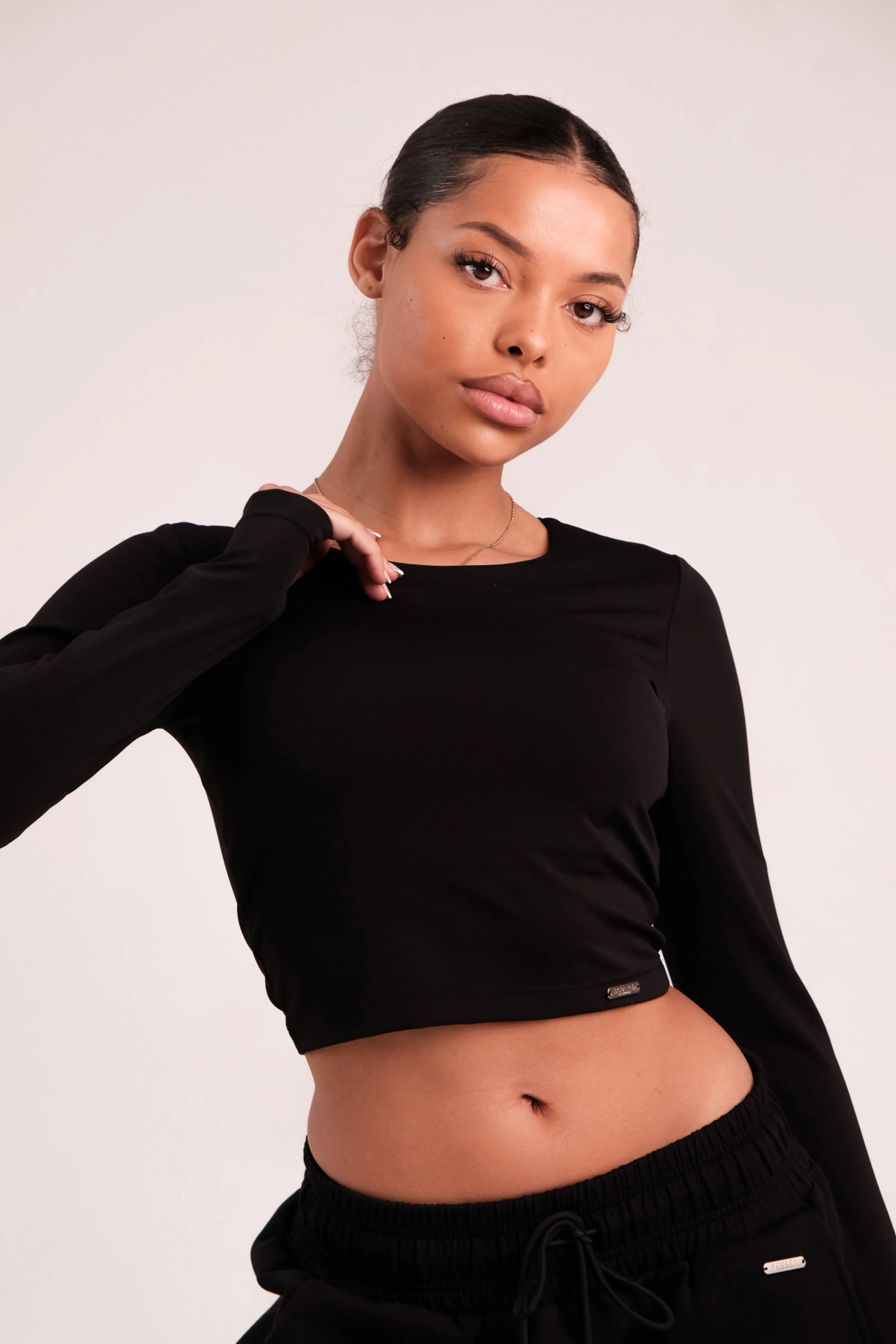 Cropped Built In Bra Long Sleeve Top Black - Image 10