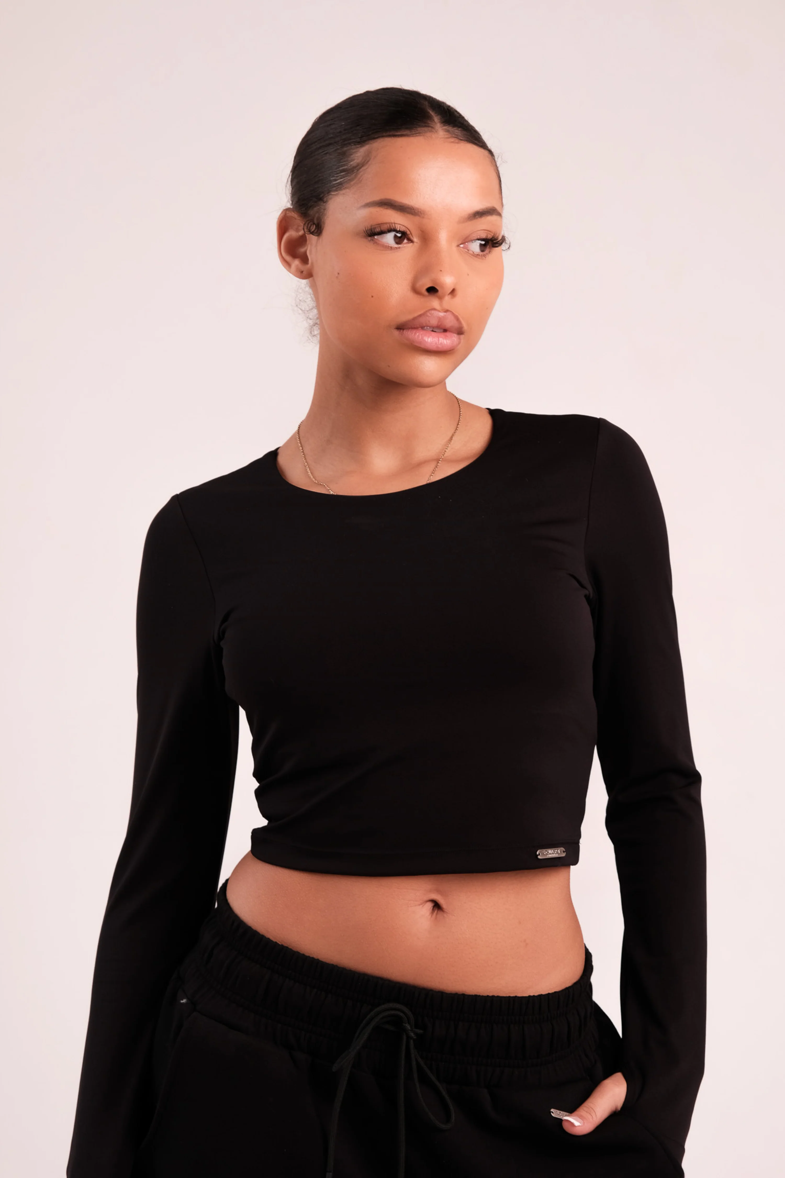 Cropped Built In Bra Long Sleeve Top Black - Image 11