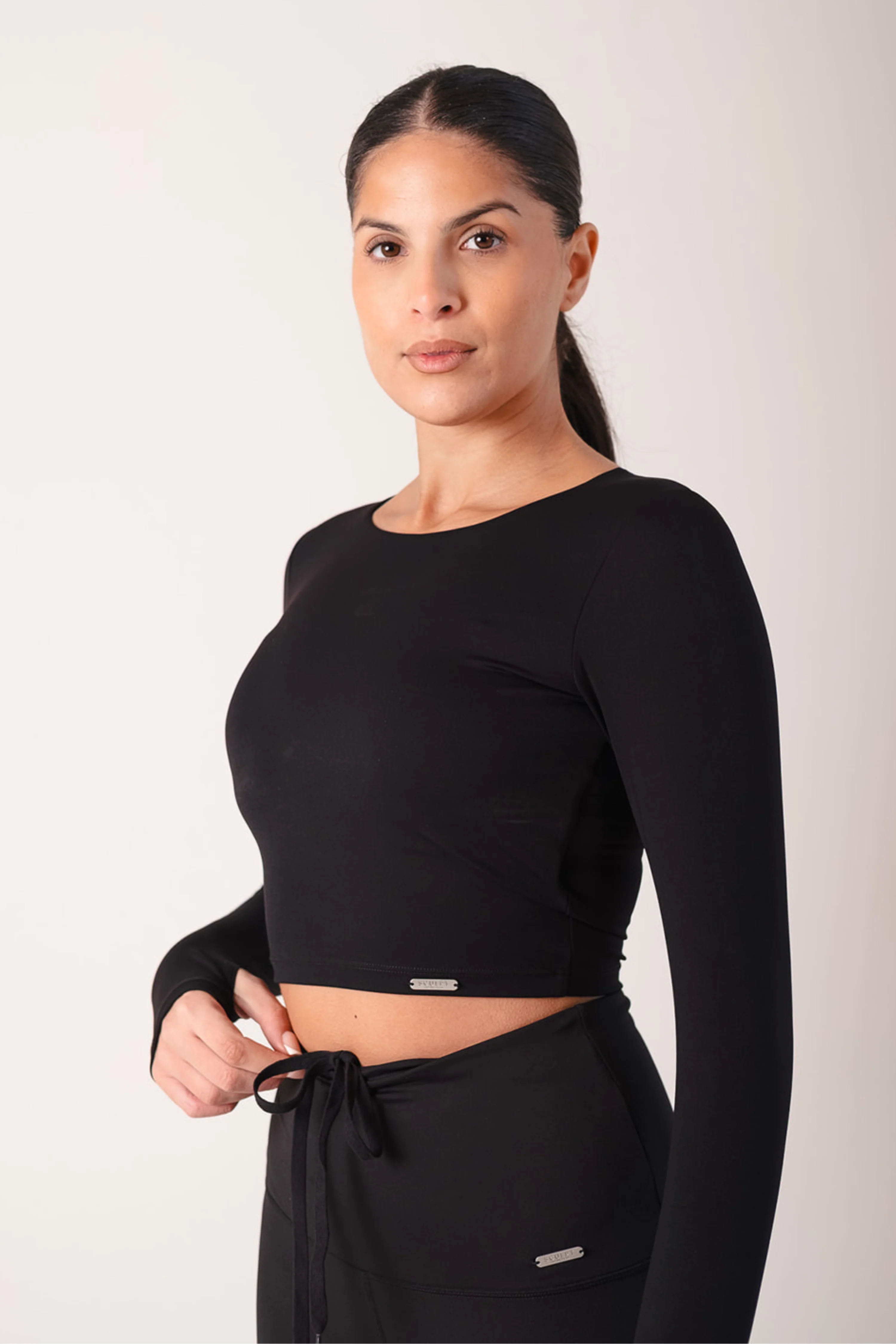 Cropped Built In Bra Long Sleeve Top Black - Image 5