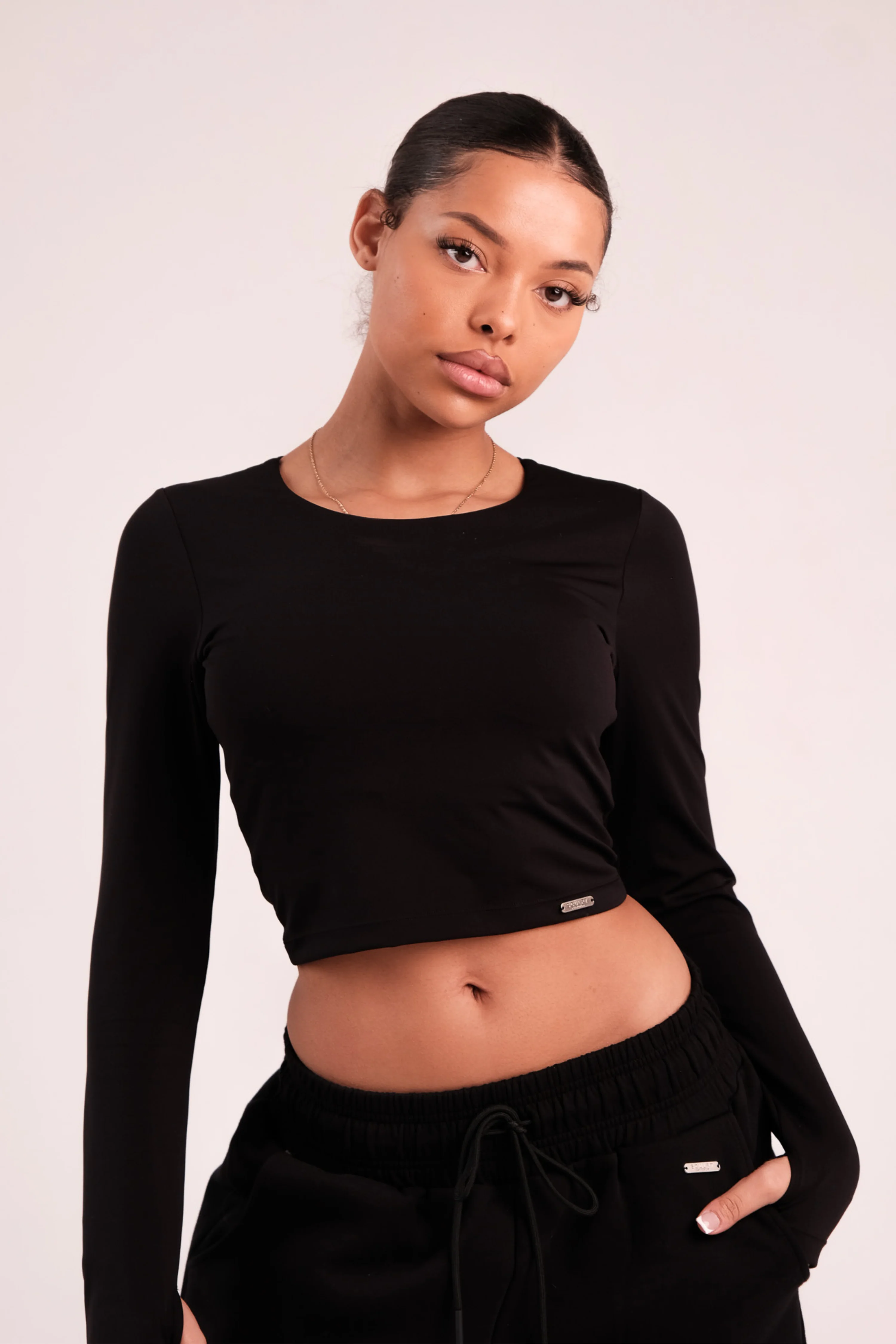 Cropped Built In Bra Long Sleeve Top Black - Image 7