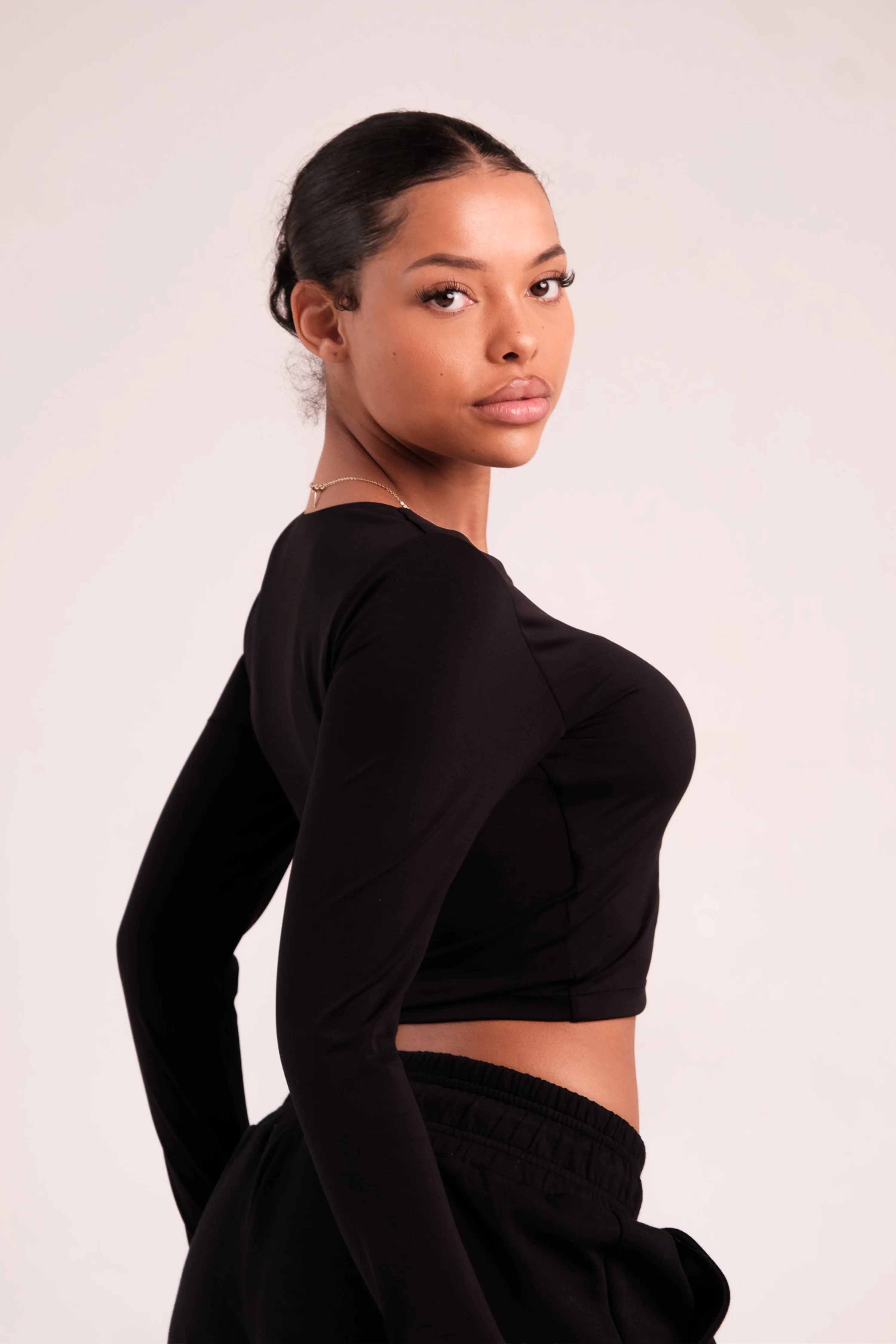 Cropped Built In Bra Long Sleeve Top Black - Image 8