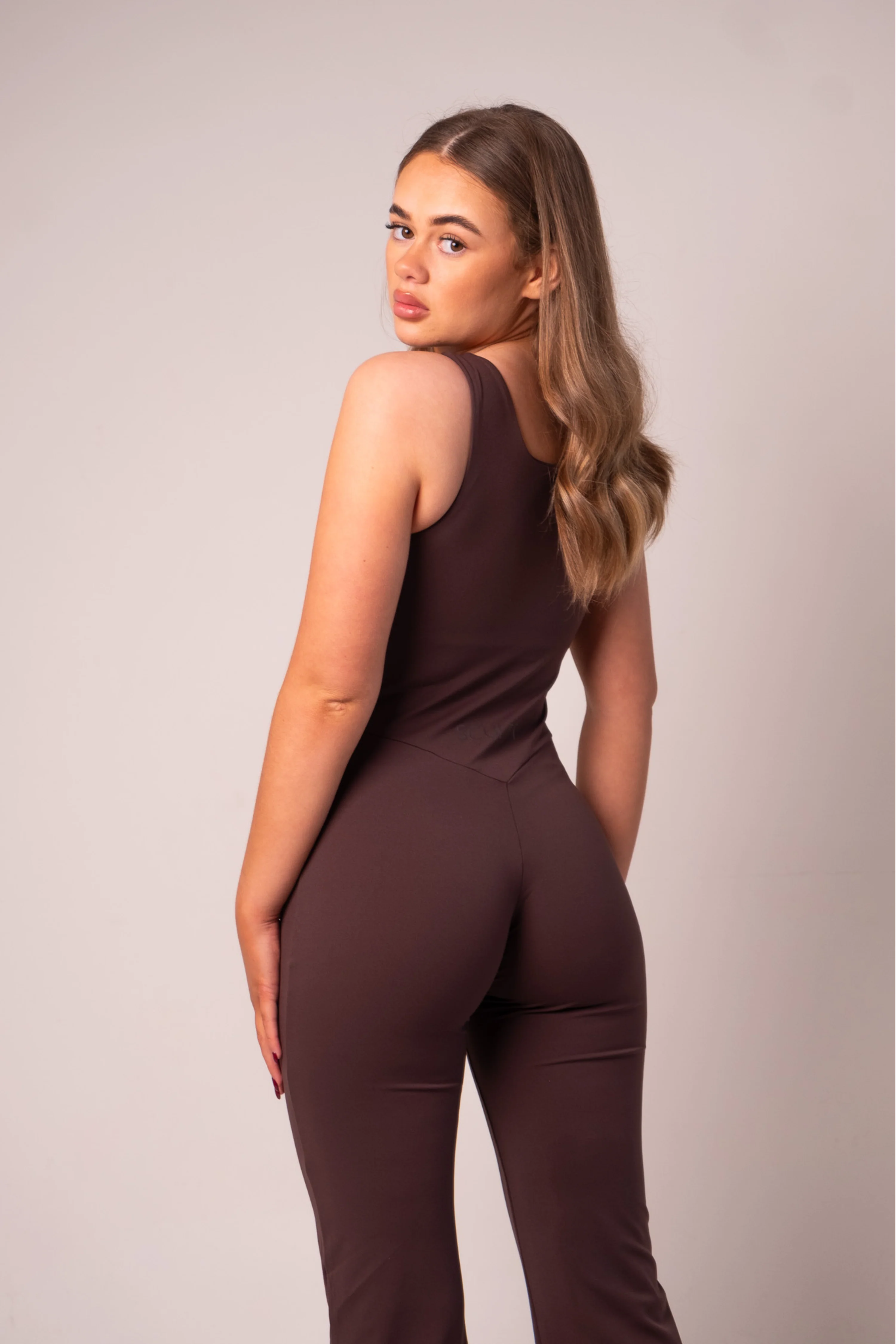 Square Neck Flared Jumpsuit Espresso - Image 10
