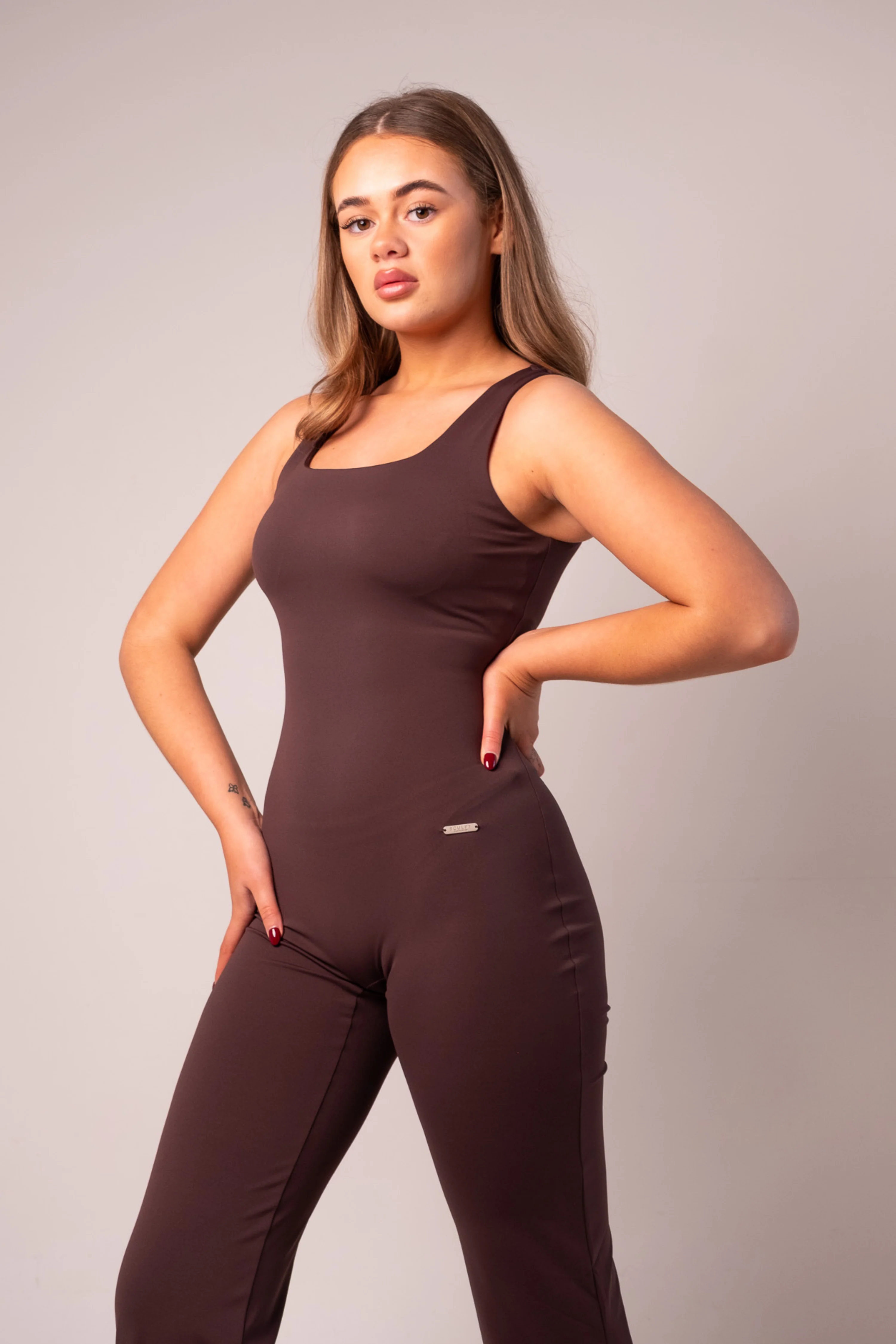 Square Neck Flared Jumpsuit Espresso - Image 3