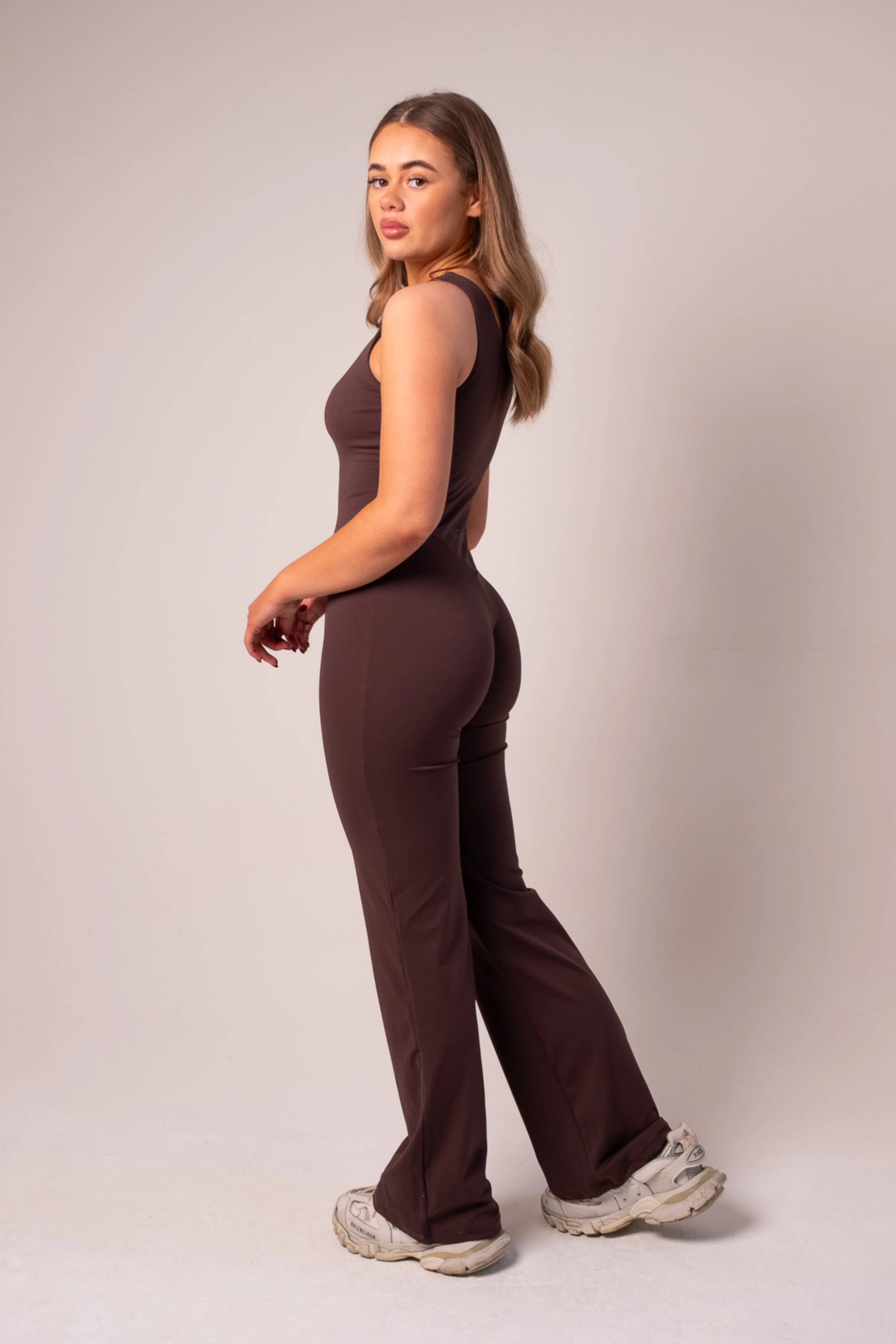 Square Neck Flared Jumpsuit Espresso - Image 4