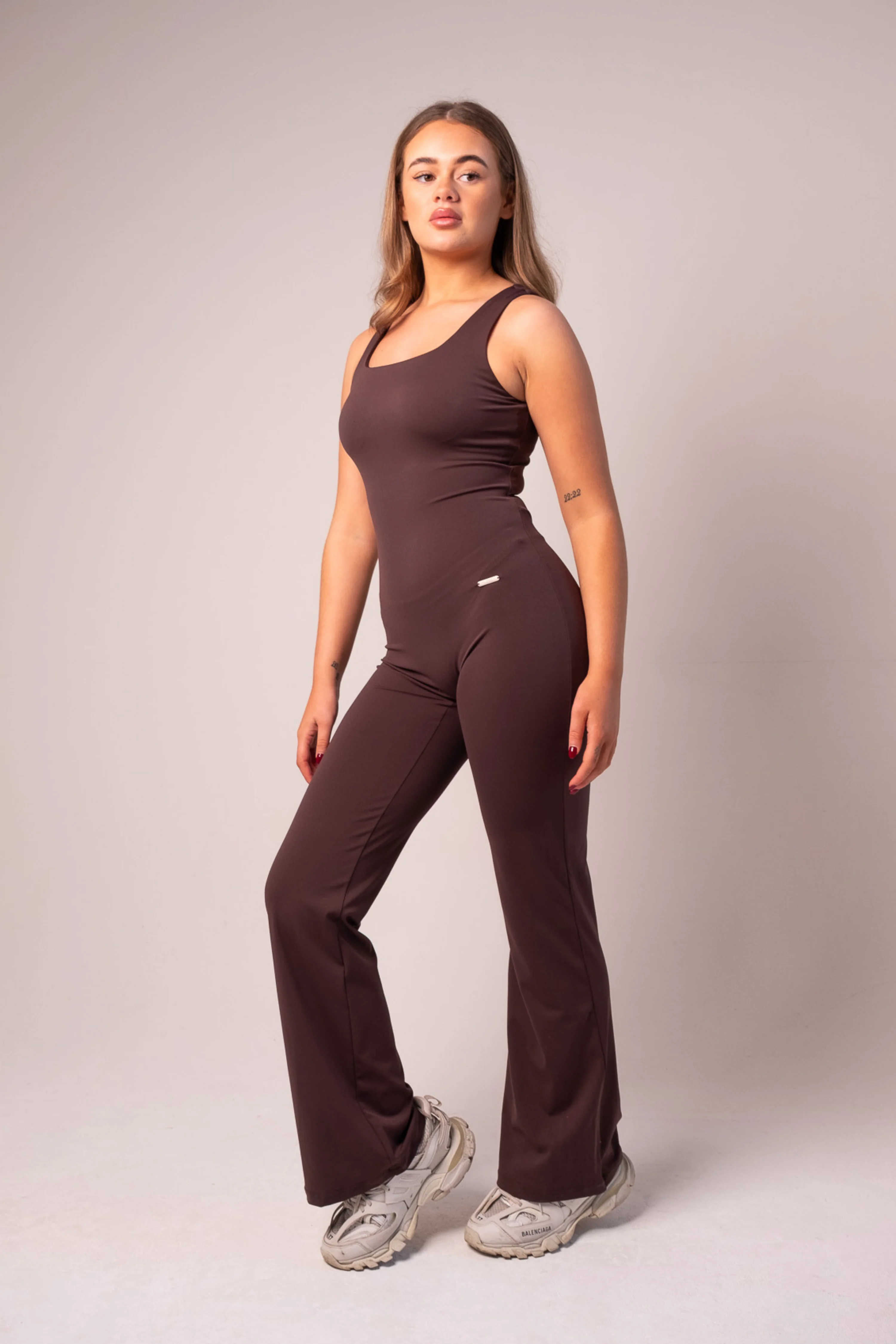 Square Neck Flared Jumpsuit Espresso - Image 5