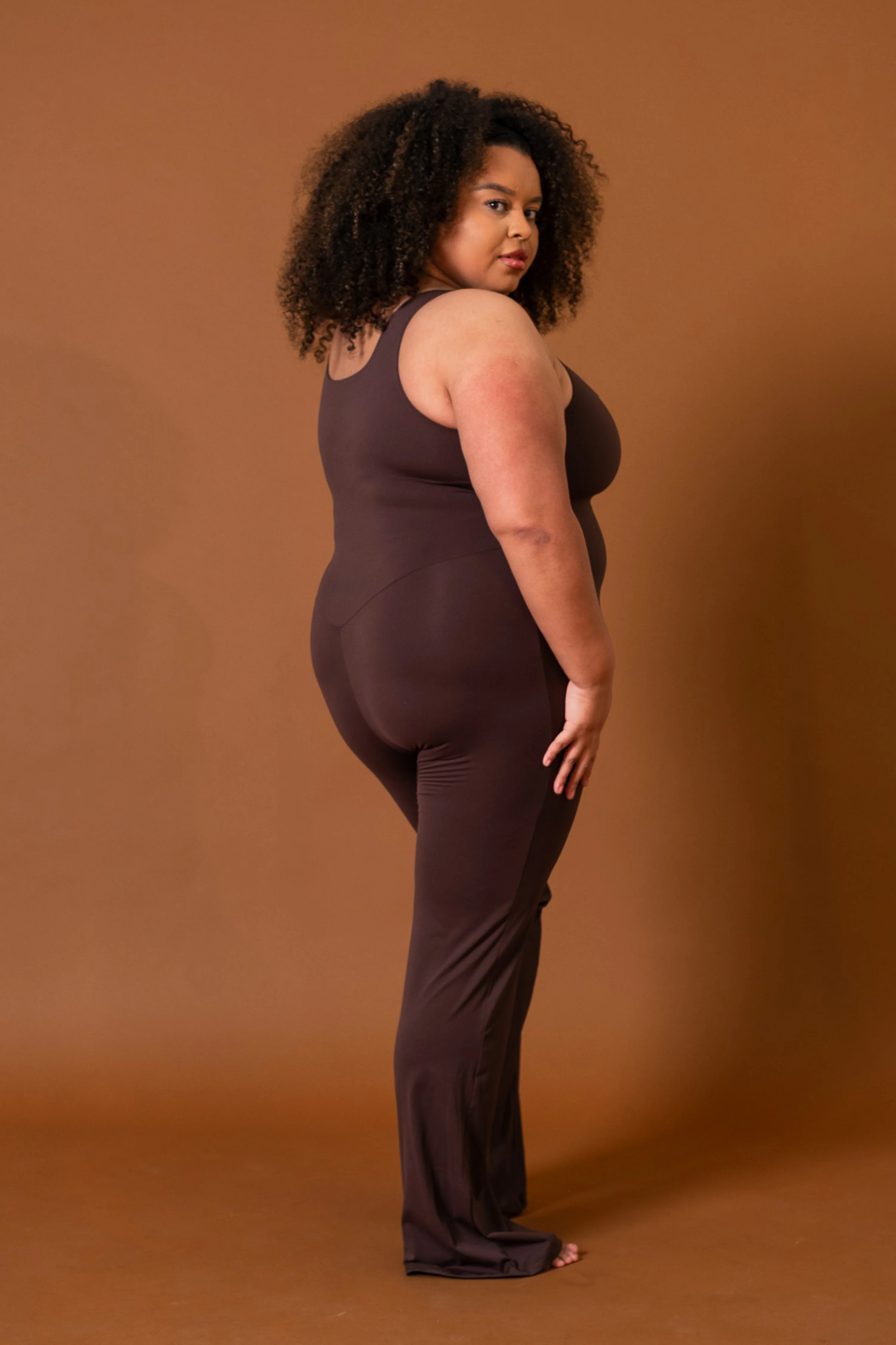 Square Neck Flared Jumpsuit Espresso - Image 9